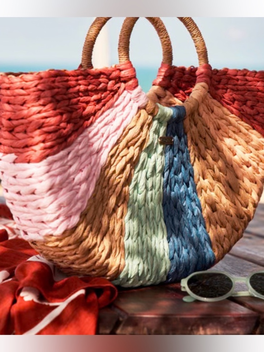 Roxy Salt Water Therapy Woven Beach Tote Bag Colorblock Round Handle Boho - Picture 2 of 8